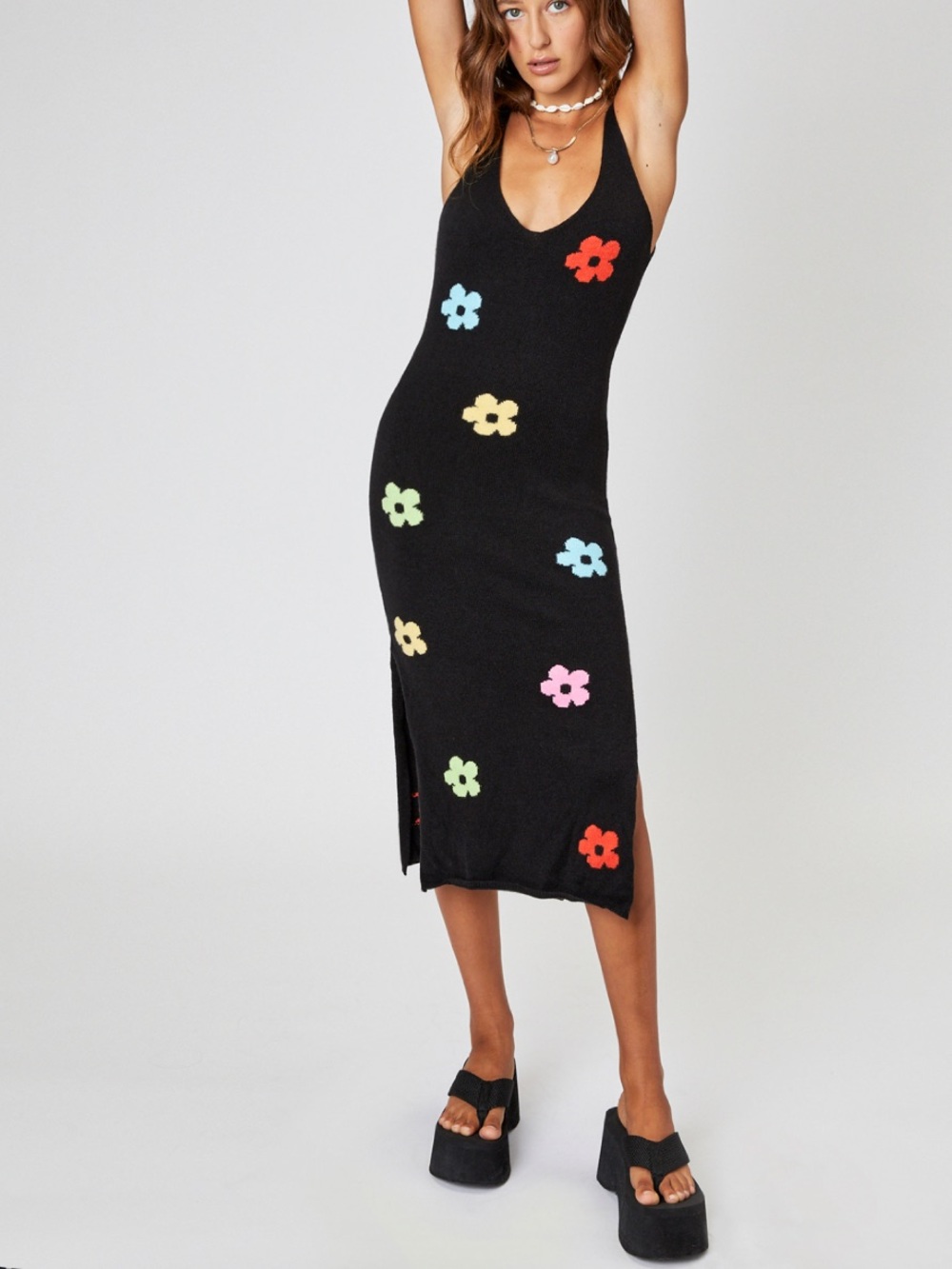 Cider Knit Fabric Floral Midi Dress